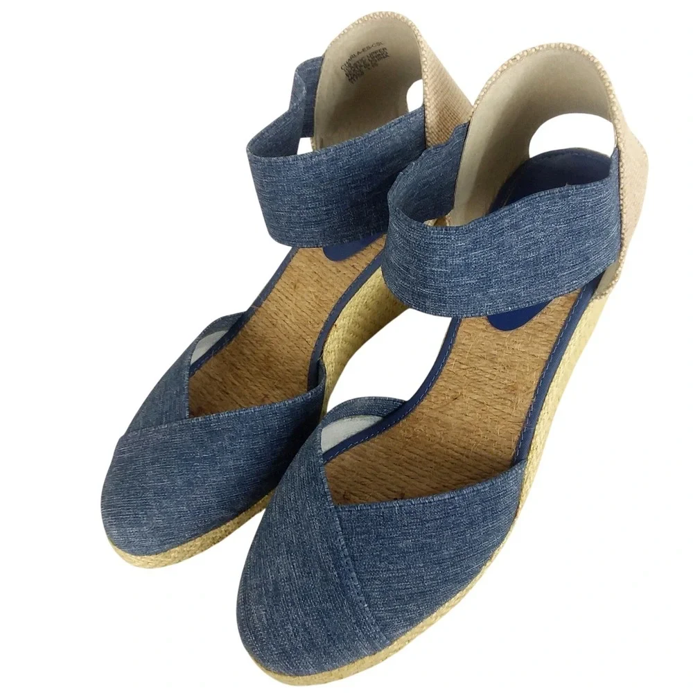 Lauren Ralph Lauren‎ Charla Denim Blue Wedge Sandals Women's 10B Ankle Strap